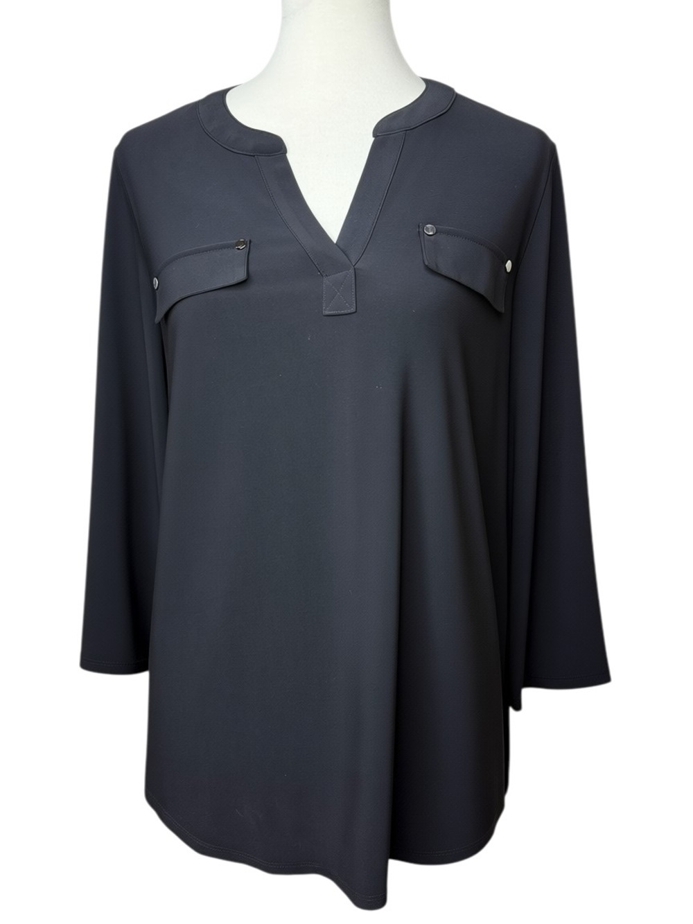 Jones New York Signature Black Tunic Blouse Large 3/4 Sleeve Split Neck NWOT